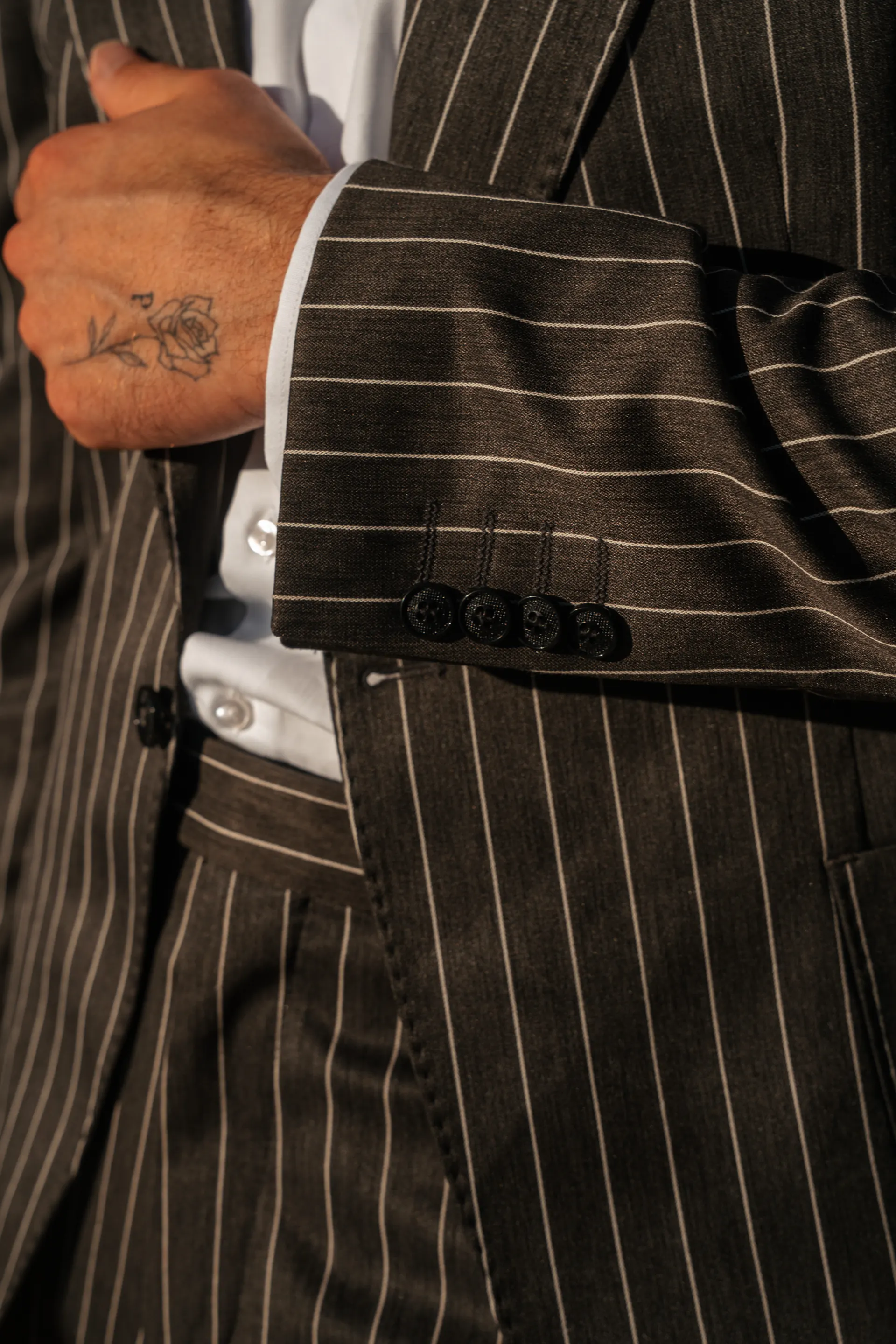 Pinstripe cloth, cut and made