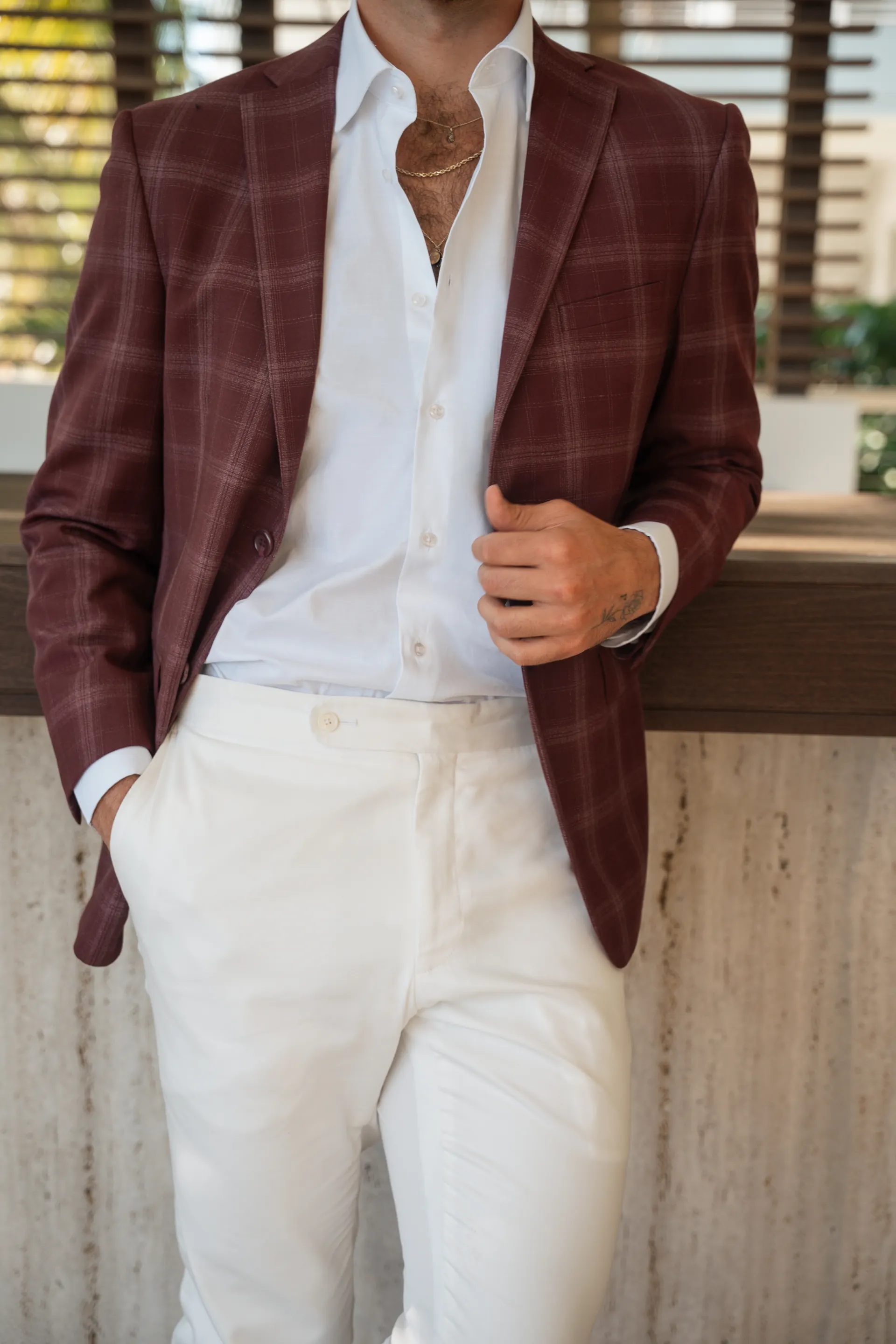 Wool check jacket, worn