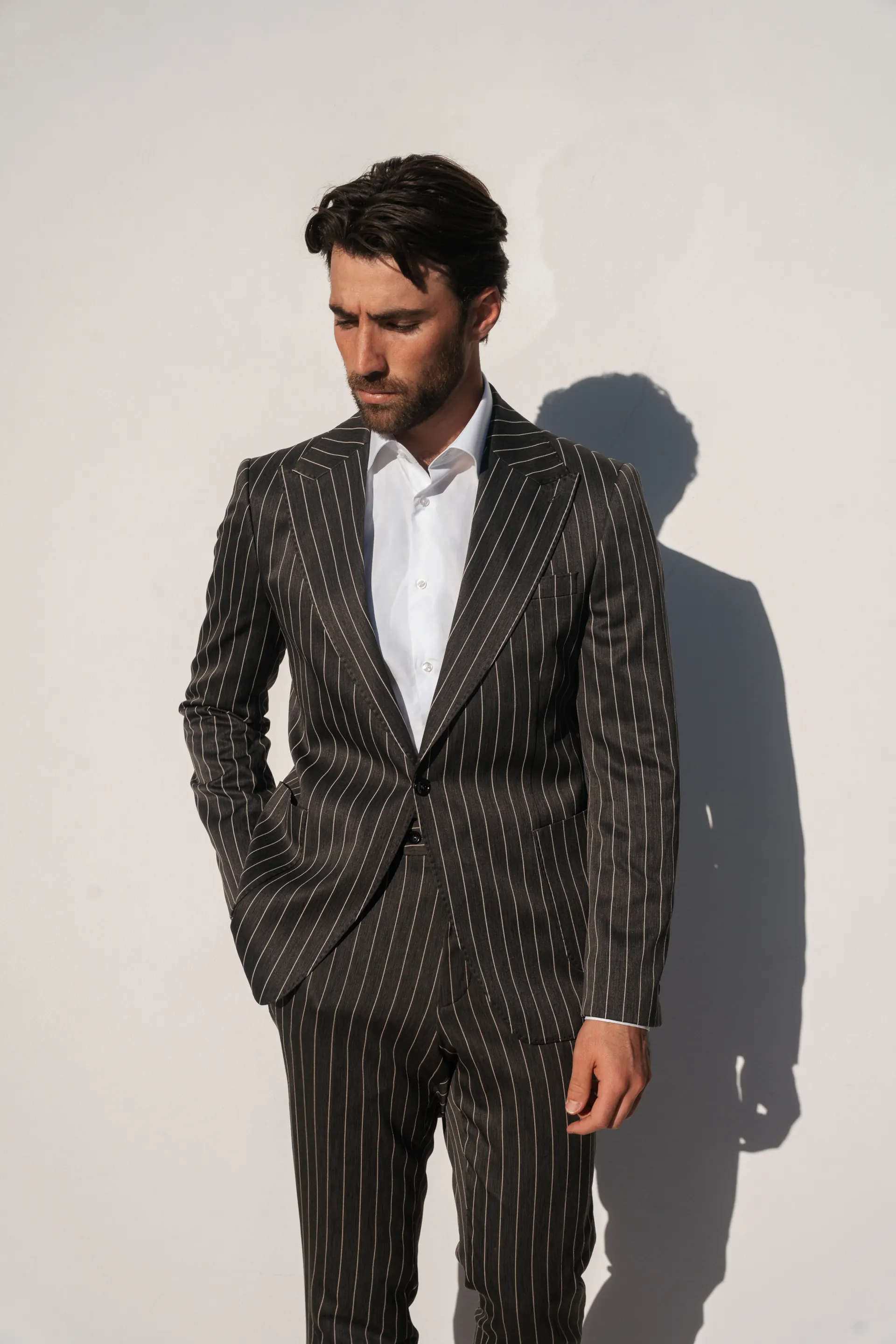 Chalk stripe suit in sunlight